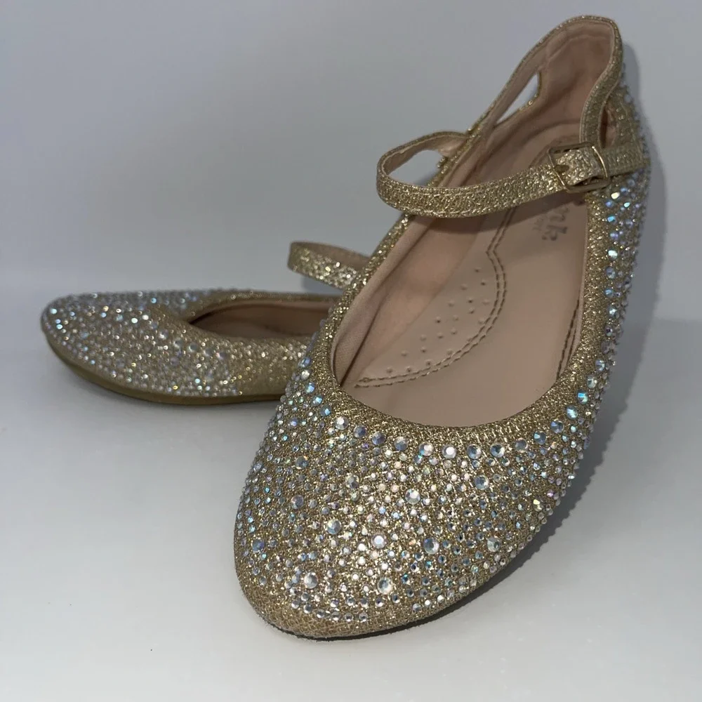 Girls Size 1 Gold Rhinestone‎ Encrusted Glittery Mary Jane Flat Dress Shoes